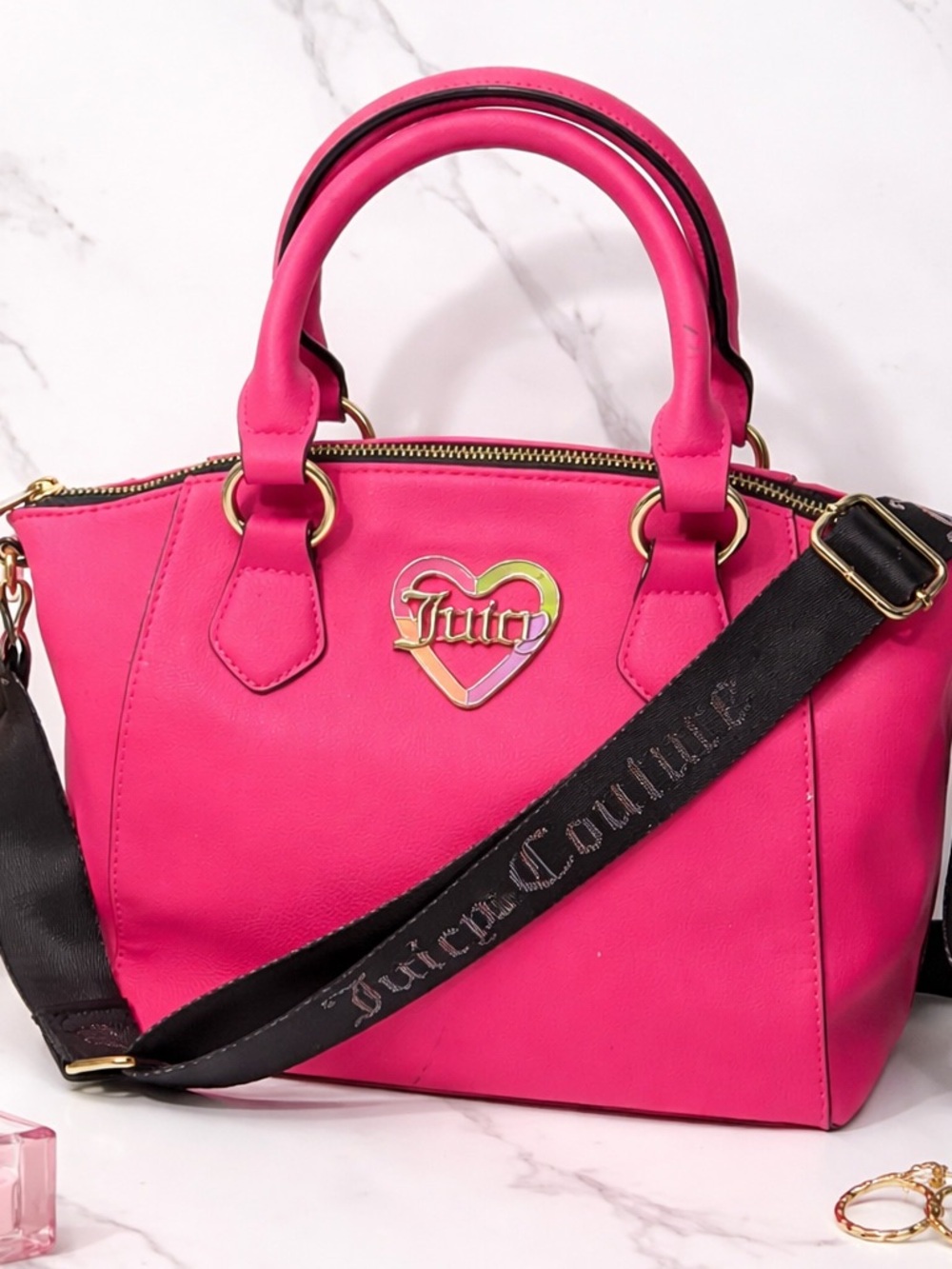 Juicy Couture Pink Satchel Bag Heart Logo Crossbody Strap Y2K